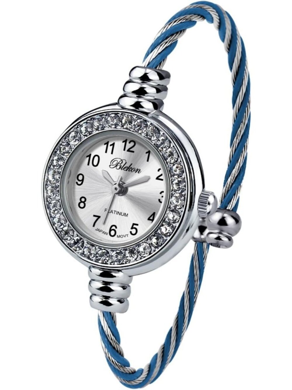 Women's Rhinestone Silver/Blue Round Analog Display Arabic Number Bracelet Watch